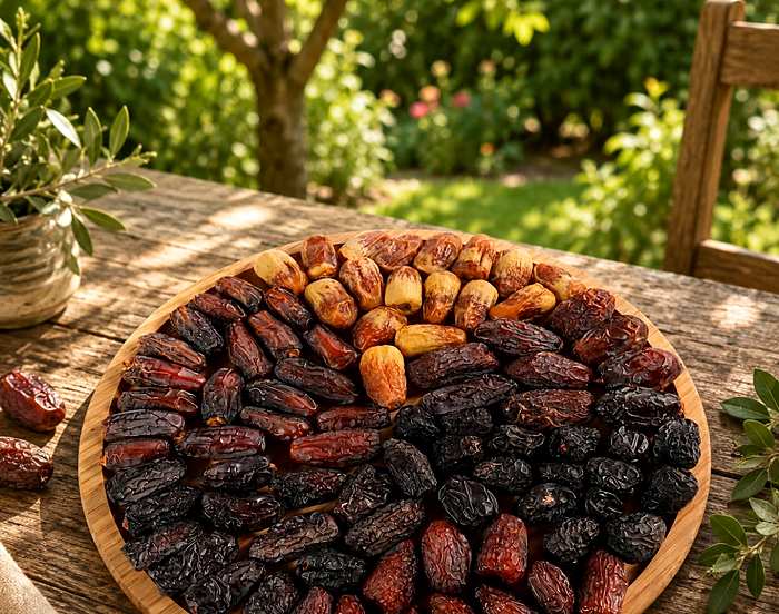 Ahşap tabakta hurma sunumu